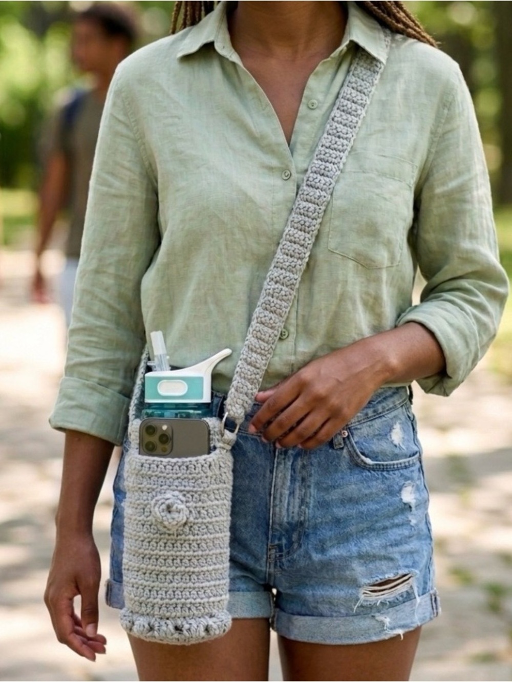 Crochet Gray Water Bottle Crossbody With Attached Pocket